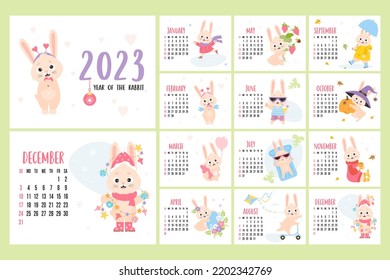 Annual monthly rabbit calendar 2023 with cute Easter bunny, halloween. Planner organizer 12 horizontal templates and covers. Vector illustration. Week from Sunday in English. mascot Year of rabbit.