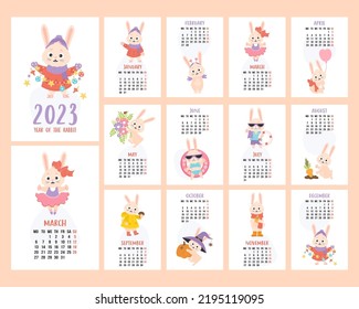 Annual monthly wall calendar for 2023 with mascot Year cute bunny. Collection of 12 vertical a4 pages templates and cover. Vector illustration. Week on Monday in English. Chinese Year of rabbit