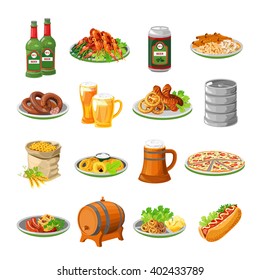 Annual oktoberfest festival traditional food with sausage and beer barrel flat icons collection abstract isolated vector illustration