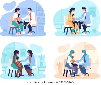 Annual pediatric checkups 2D vector isolated illustrations set. Toddler exam. Mother and kid appointment at clinic flat characters on cartoon background. Well-child visits colourful scene collection