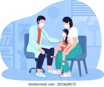 Annual pediatric visit 2D vector isolated illustration. Checking child vitals flat characters on cartoon background. Children health care. Formal developmental screening colourful scene