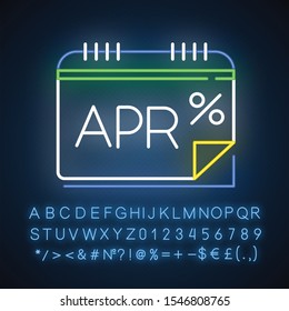 Annual percentage rate neon light icon. APR calculations. Financial report. Economy industry. Paying for credit, loan. Glowing sign with alphabet, numbers and symbols. Vector isolated illustration