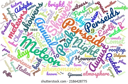 Annual Perseid Meteor Shower Peak Night Day 9 August Word Cloud In Vector Art Creative Colourful White Back Ground
