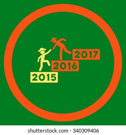 Annual Person Help vector icon. Style is bicolor flat circled symbol, orange and yellow colors, rounded angles, green background.
