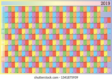 Annual planner 2019 with specific color for each day of the week pastel design