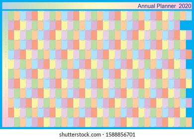 Annual planner 2020 on blue with specific color for each day of the week black letters with white contour