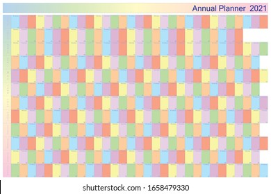 Annual planner 2021 on white with specific color for each day of the week black letters with white contour