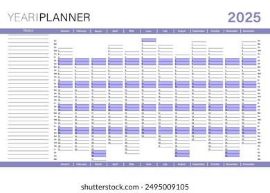 The annual planner for 2025, the design of the calendar layout is ready for printing. Schedule page, magazine, stationery calendar, corporate planner template with space for personal notes