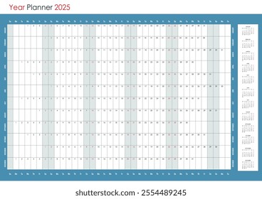 Annual planner calendar for 2025. Wall organizer, yearly template. One page. English
