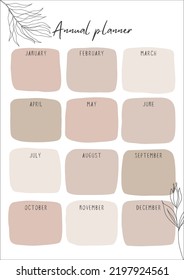 Annual planner one page easy to print and use for organisation with minimal look in neutral colours 