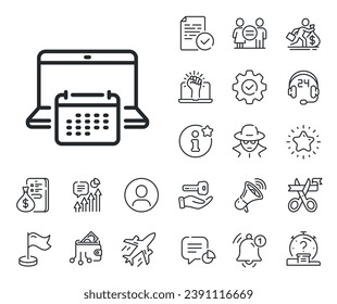 Annual planner sign. Salaryman, gender equality and alert bell outline icons. Calendar line icon. Laptop event schedule symbol. Calendar line sign. Spy or profile placeholder icon. Vector