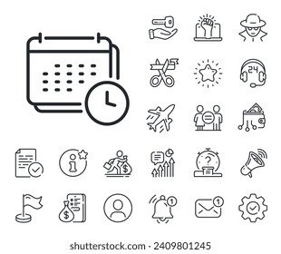 Annual planner sign. Salaryman, gender equality and alert bell outline icons. Calendar time line icon. Event schedule symbol. Calendar line sign. Spy or profile placeholder icon. Vector