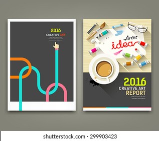 Annual report 2016 cover desk artist idea concepts with paintbrush, pencil, coffee cup, flat design background, vector illustration