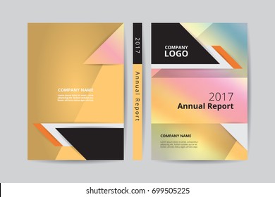 Annual report 2017 book design front and back pastel cover template, rainbow gradient theme with company logo, yellow demo text box  layout A4 two side offset printing CMYK colorful background.