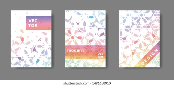 Annual report a4 vector set. Rainbow cover design with arabic mosaic. Disintegration geometric poster 