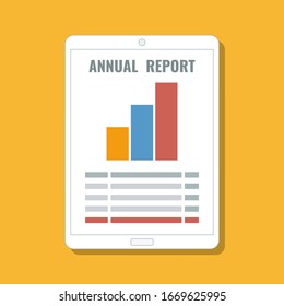 annual report with bar chart and table on digital tablet screen