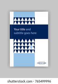 Annual report with blue geometric figures, triangles. Book cover design, journal template, banner, presentation, flyer, article background. Vector.