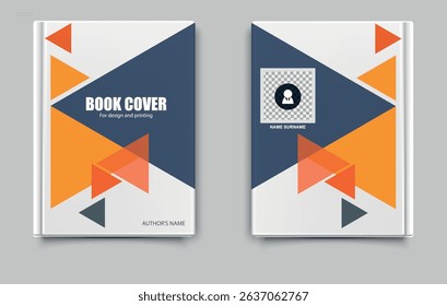 Annual report. Book cover with orange triangle design. Ideal for designing catalogues, books, presentations.