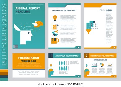 Annual report book cover and presentation template with flat design elements, ideal for company information or infographic report