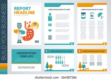 Annual report book cover and presentation template with flat design elements, ideal for company information or infographic report