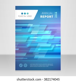 Annual report brochure book vector design template with place for logo. Rectangle overlay shape with shadow on blue background.  