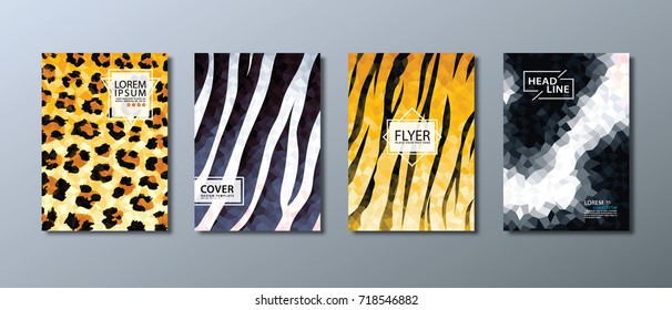 Annual report brochure, flyer design template, leaflet, book cover, presentation. Wild animal abstract background. tiger, zebra, leopard, cow.