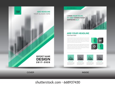 Annual report brochure flyer template, Green cover design, business advertisement, magazine ads, catalog vector layout in A4 size