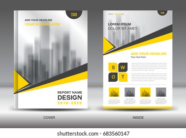 Annual report brochure flyer template, Yellow cover design, business advertisement, magazine ads, catalog, book, infographics element vector layout in A4 size