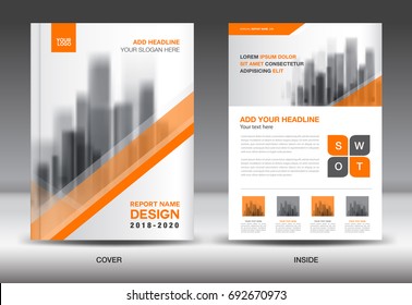 Annual Report Brochure Flyer Template, Orange Cover Design, Business Advertisement, Magazine Ads, Catalog, Book, Infographics Element Vector Layout In A4 Size