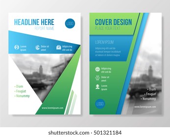 Annual report brochure template with abstract geometric pattern and blured image on background vector illustration