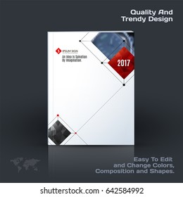 Annual report, business abstract vector template. Brochure design, cover modern layout, poster, flyer in A4 with red rectangular shapes, grid for tech, science, market with light background.