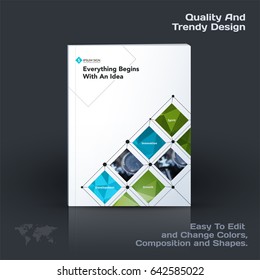 Annual report, business abstract vector template. Brochure design, cover modern layout, poster, flyer in A4 with green rectangular shapes, grid for tech, science, market with light background.