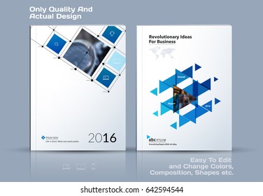 Annual report, business abstract vector template. Brochure design, cover modern layout, poster, flyer in A4 with blue rectangular shapes, grid for tech, science, market with light background.