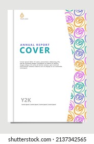 Annual Report Cover With Colorful Outline Roses. Company And Business Document Template.