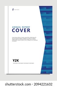 Annual report cover design with blue horizontal stripes ornament. An important document for companies, corporations, and organizations.