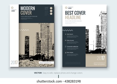 Annual report cover design. Corporate business template for brochure, catalog, magazine. New layout with modern styled biege photo with building. Creative booklet, leaflet, flyer or banner concept