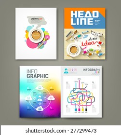 Annual report cover desk artist idea concepts with paintbrush, pencil, coffee cup, flat design ,info-graphic template background, vector illustration
