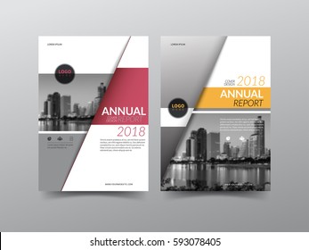 Annual report cover, flyer, presentation, brochure. Front page with A4 mask and  bleed guide. Design layout template in A4 size . Building background with red yellow color templates.