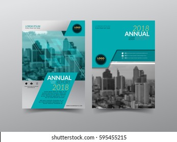 Annual report cover, flyer, presentation, brochure. Front page with A4 mask and  bleed guide. Design layout template in A4 size . Building background with green color templates.