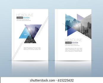 Annual report cover, flyer, presentation, brochure. Front page with A4 mask and  bleed guide. Design layout template in A4 size . Building background with purple blue color templates.