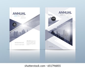 Annual report cover, flyer, presentation, brochure. Front page with abstract triangle. Design layout template in A4 size . Building background with purple blue color templates.