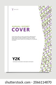 Annual report cover with green and purple scribbles ornament. Important document cover for companies or organizations.