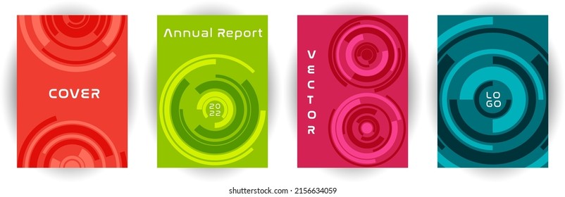 Annual report cover page layout vector collection. Business goal concept. Revolving concentric shape backgrounds. Banner set. Abstract cover page templates in different colors.