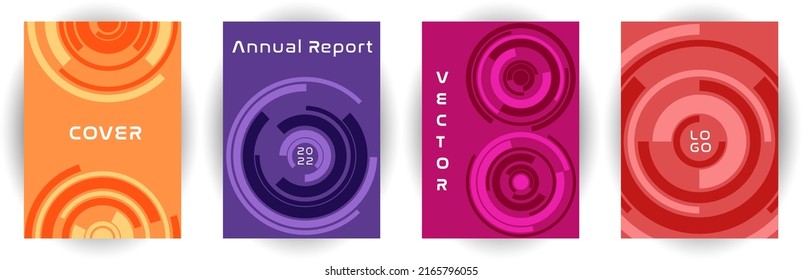 Recopilación de vectores de disposición de página de portada del informe anual. Concepto de propósito. Fondo giratorio de forma circular. Conjunto de catálogos. Plantillas de portada corporativa, documentos digitales.
