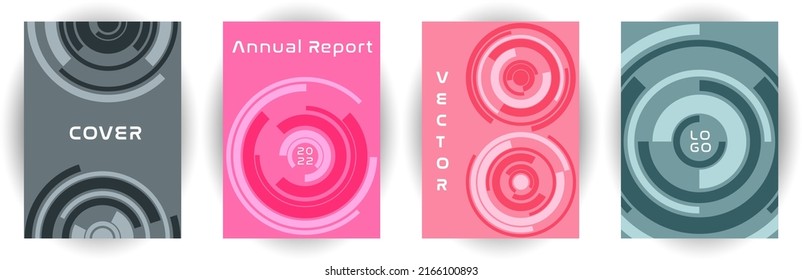 Annual report cover page layout vector collection. Business goal concept. Circle shape spin backgrounds. Booklet set. Corporate cover page templates in different colors.