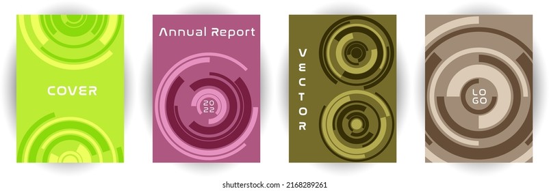 Annual report cover page layout vector collection. Business goal concept. Concentric shape twirl backgrounds. Brochure set. Modern cover page templates, geometric design.