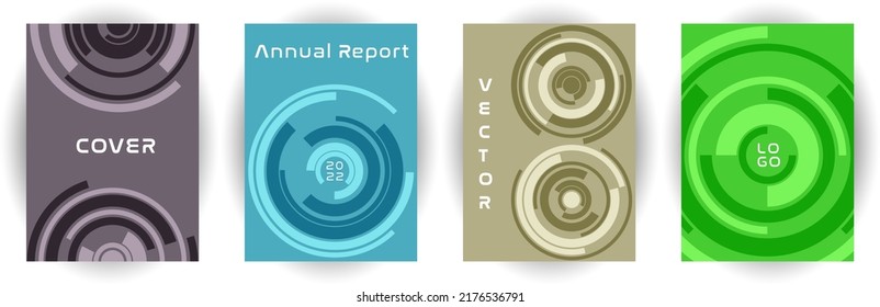 Annual report cover page layout vector collection. Business aim concept. Around twist shape backgrounds. Banner set. Modern cover page templates, geometric design.
