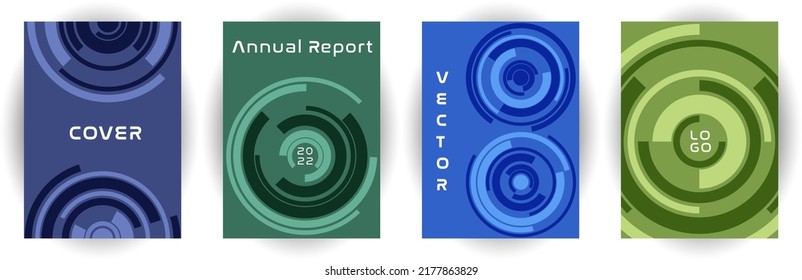 Annual report cover page layout vector collection. Business goal concept. Concentric rotating shape backgrounds. Booklet set. Corporate cover page templates, digital documents.