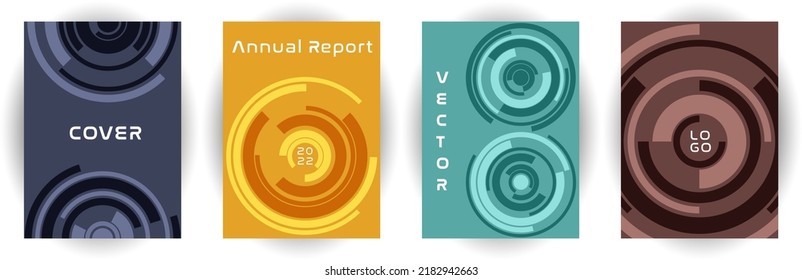 Annual report cover page layout vector collection. Business goal concept. Around twist shape backgrounds. Brochure set. Corporate cover page templates, digital documents.