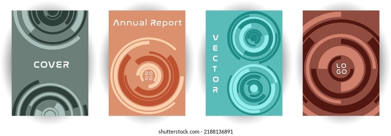 Annual report cover page layout vector collection. Purpose concept. Around twist shape backgrounds. Booklet set. Modern cover page templates, geometric design.
